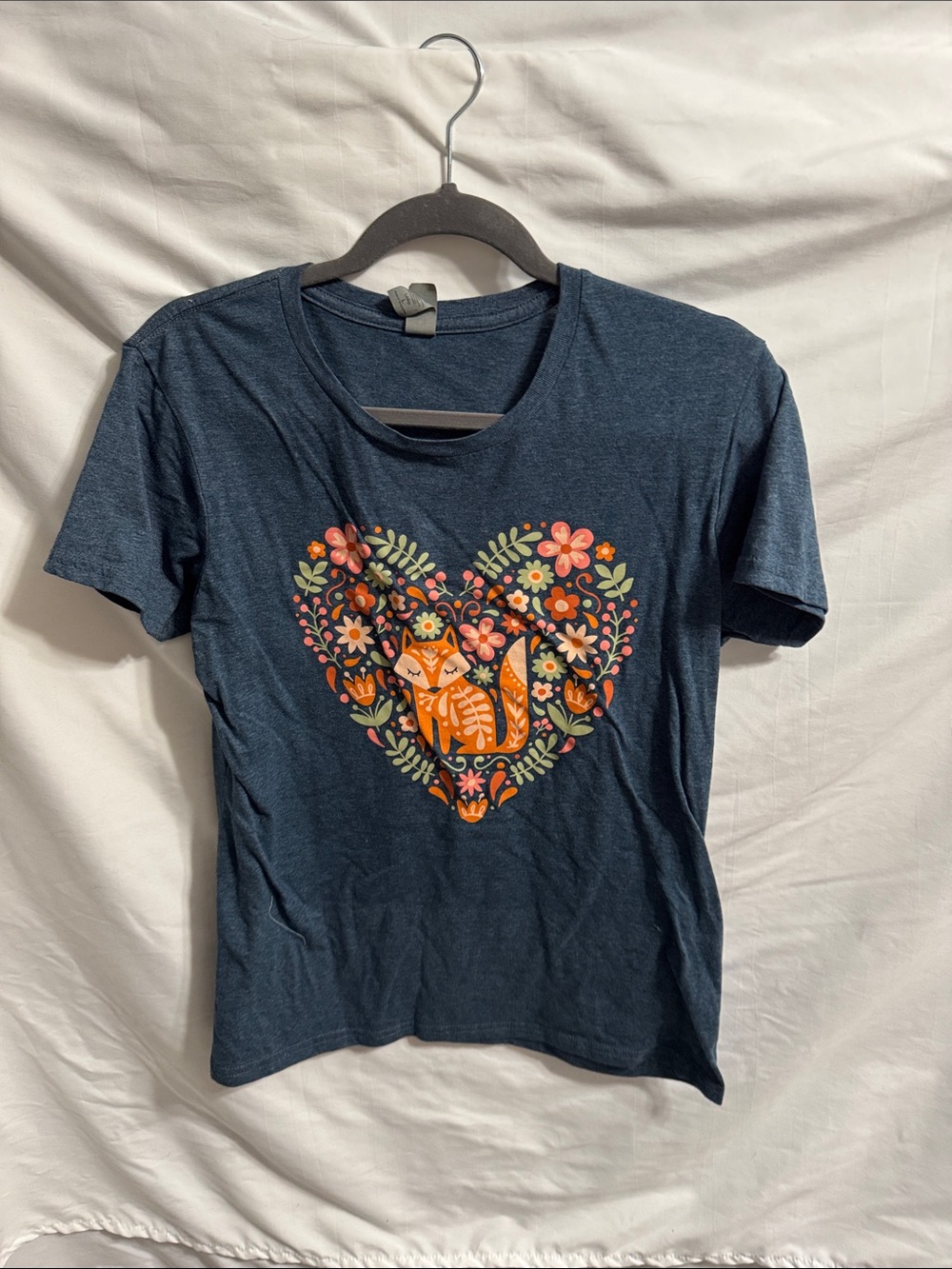 Women's Navy Short Sleeve Tee with Floral Fox Heart Graphic
